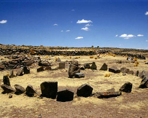 Stone circle built for religious purposes at the necropolis of Sillustani, Peru. Aymara. c 15th C AD. north shore of Lake Titicaca. (Photo by Werner Forman/Universal Images Group/Getty Images)