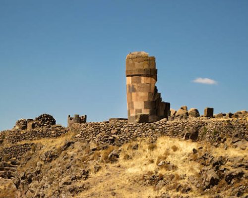 Ruins of Sillustani, pre-Incan burial ground on shores of Lake Umayo near Puno in Peru.